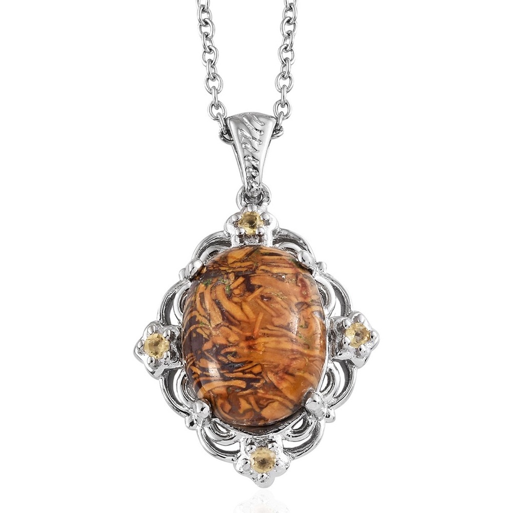 BRAZILIAN CITRINE & INDIAN SCRIPT ROUND STONE GEM PENDANT NECKLACE